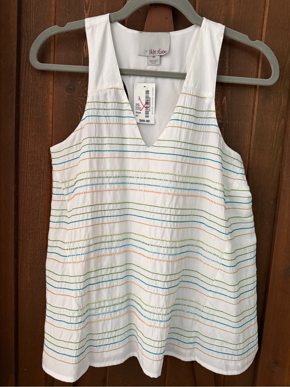 White Sleeveless V-Neck Striped Embroidered Tank Top - No Brand Listed